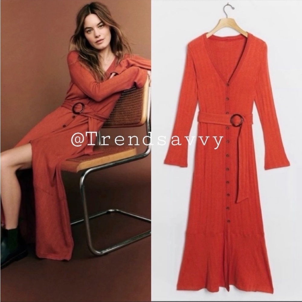 Anthropologie Elsa Ribbed Maxi Dress Orange Button Front V Neck XS Fall Boho